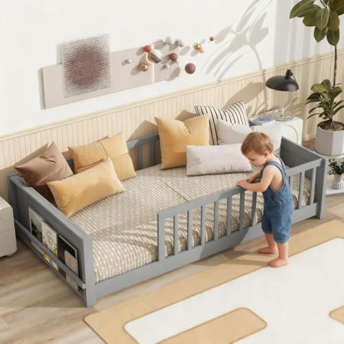 Twin Floor Bed Frame with Rails and Built-in Book Rack, Wood Montessori Floor Beds with Slats,Toddler Floorbed for Kids,Girls or Boy,Grey