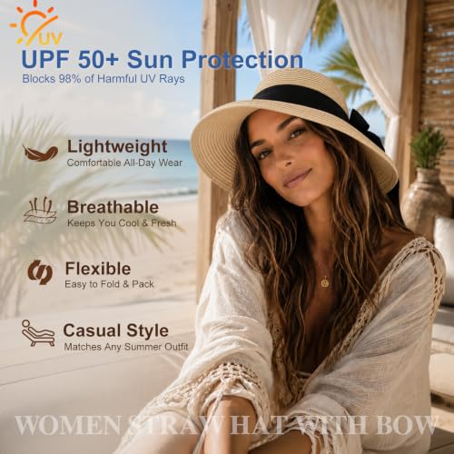 Image of Surblue Women's Beach Straw Hat, Wide Brim Sun Hat with Black Bow