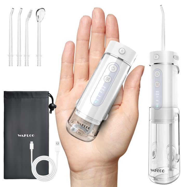 Reise Munddusche Kabellos Water Flosser: Ultra Kompakt, Zahndusche mit 180ML Wassertank, 5 Modi, 4 Düsen, IPX7 Wasserdicht, Elektrische Zahnseidefür Zahnzwischenraumreiniger & Klein Travel (Weiß)