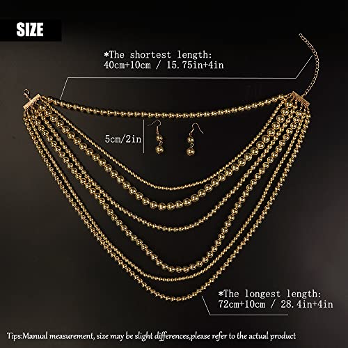 Chmier Multi-Layered Simulated Faux Pearl Strand Necklace And Earrings Set Gold Long Chunky Stacked Choker For Women #TOP4