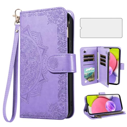 Coque Samsung Galaxy A03s avec protège-écran et porte-carte fleur violet