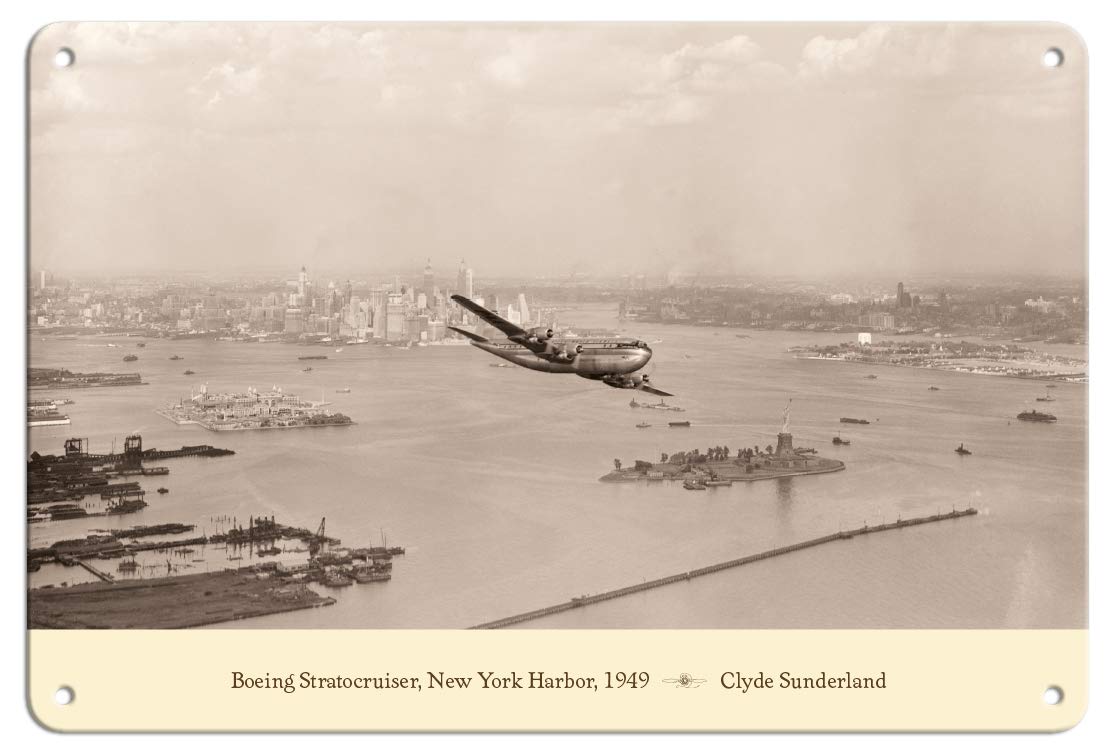 Boeing 377 Stratocruiser - Over New York Harbor, 1949 - Pan American World Airways - Vintage Aviation Poster Clyde Sunderland - Fine Art Print 8 x 12 in Tin Sign Multi MTSACS13