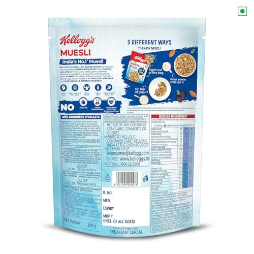 Image of Kellogg's Muesli 0% Added Sugar | 12 In 1 Power Breakfast | 10g Protein Per Serve | No Maida| No Palm Oil | India's No 1 Muesli | 500g (Pack of 3)