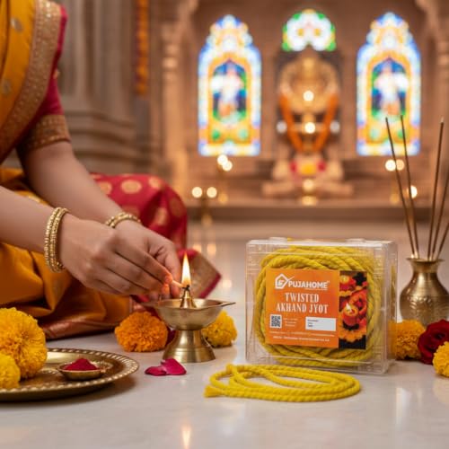 Image of Twisted Akhand Jyot Batti, Special Long Akhand Jyot Cotton Wicks Batti for Diya Mandir Pooja Oil Lamp | Cotton Akhand Jyot Batti Yellow for All Puja and Akhand Jyot (Pack of 12 Wicks, Yellow)