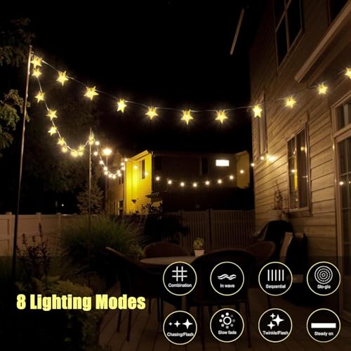FANSIR Solar Garden Lights, 50 LED Star Fairy Lights Outdoor Waterproof Solar String Light Led Star 8 Modes 23ft Decorative Light for Garden Patio Yard Home Wedding Party, Warm White