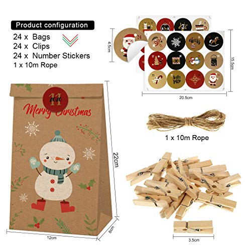 Adventskalender om te vullen 2021, 24 zakjes van kraftpapier, kerstcadeauzakjes, DIY adventskalender zelf knutselen… - Image 4