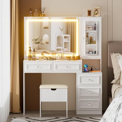 Image of Vanity Desk with Mirror and Lights, Makeup Vanity Set with 5 Storage Drawers,Power Outlet,Small Dressing Table with Lights 3 Colors,Transparent Top Vanity with Jewelry Organizer for Bedroom,White
