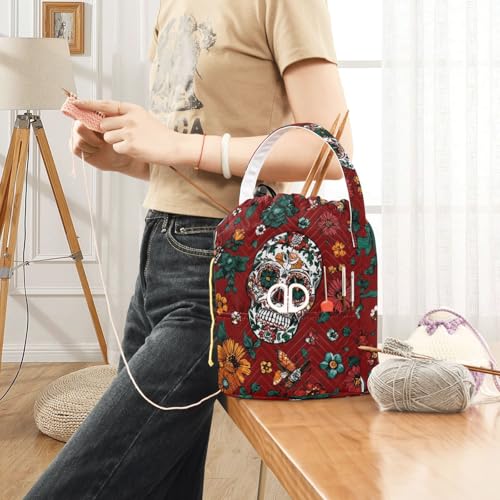 Image of Tatenale Crochet Bag Yarn Bag Knitting Project Bag with Pockets and Handle Portable Yarn Storage Organizer Tangle Free 8.3x11 InchRed Meixcan Flag Skull03