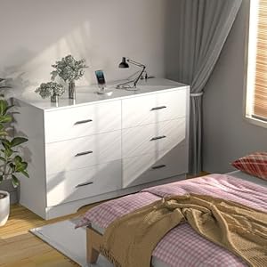 Dresser with Power Outlets Wooden 6 Drawer Dresser with USB and Type C Port Chest of Drawers for Bedroom Tall White Dresser Storage for Living Room Hallway Closet