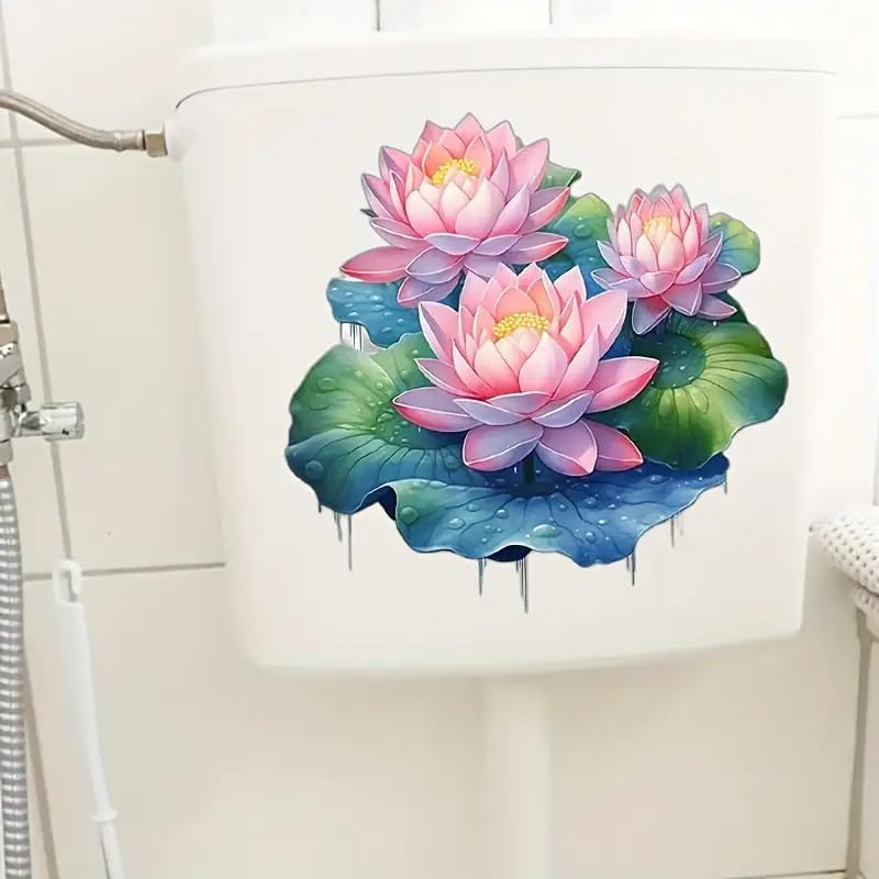 Classical Lotus Toilet Cover Sticker Decals,Fish Bird Flower Leaf Waterproof Toilet Lid Tank Seat Decals Cistern Self-Adhesive Bathroom Wall Sticker