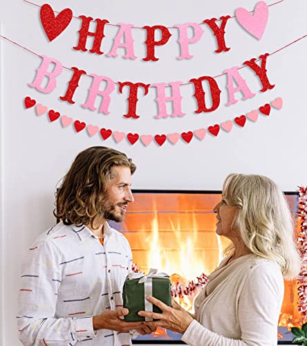 Image of FestikoGlitter Happy Birthday Banner for Valentine's Day Red Pink Glittery Valentines Day Happy Birthday Garland Banner and Heart Garland Valentines Themed Birthday Party Decorations Decor Supplies