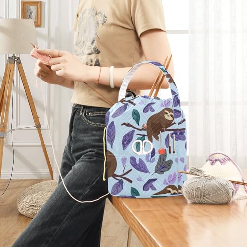 Image of Tatenale Crochet Bag Yarn Bag Knitting Project Bag with Pockets and Handle Portable Yarn Storage Organizer Tangle Free 8.3x11 InchCartoon Sloths Branch Purple35