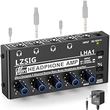 LZSIG Headphone Amplifier 4 Channel, Metal Stereo Audio Amplifier with Bass Boost, Mini Earphone Splitter with Power Adapter, 1/4" & 1/8" TRS Headphones Output & TRS Audio Input, DC 12V