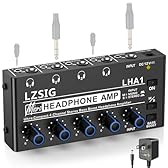 LZSIG Headphone Amplifier 4 Channel, Metal Stereo Audio Amplifier with Bass Boost, Mini Earphone Splitter with Power Adapter, 1/4" & 1/8" TRS Headphones Output & TRS Audio Input, DC 12V