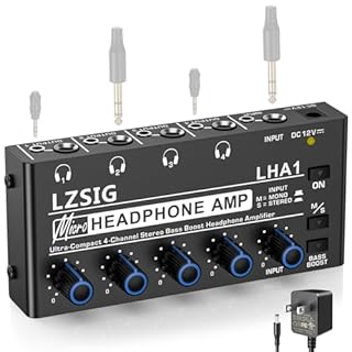 LZSIG Headphone Amplifier 4 Channel, Metal Stereo Audio Amplifier with Bass Boost, Mini Earphone Splitter with Power Adapter, 1/4" & 1/8" TRS Headphones Output & TRS Audio Input, DC 12V