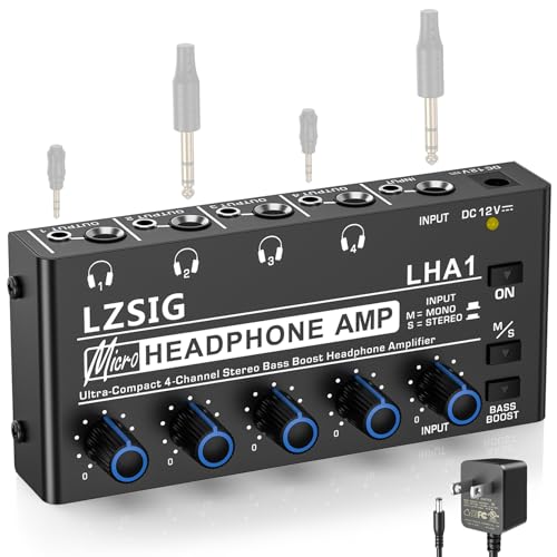 LZSIG Headphone Amplifier 4 Channel, Metal Stereo Audio Amplifier with Bass Boost, Mini Earphone Splitter with Power Adapter, 1/4" & 1/8" TRS Headphones Output & TRS Audio Input, DC 12V