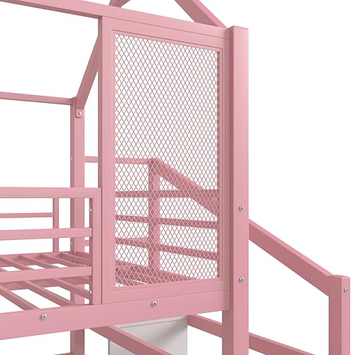 Image of YOPTO Full House Loft Bed with Slide and Stairs,Metal House-Shaped Roof Playhouse Bed w /Storage Shelves,Noise-Free,for Student Dorms,Studio,Pink