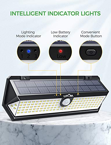 LITOM Solar Motion Sensor Light, Large Size 122 LED Solar Lights with Front Button, Indicator Lights, 3 Modes and IP67 Waterproof Rating for Door, Garden, Deck, Porch- 4 Pack