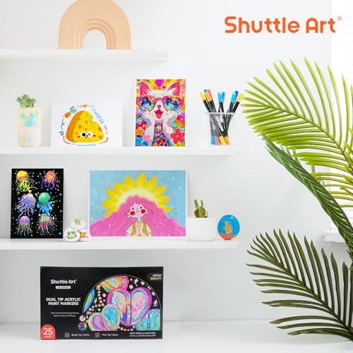 Image of Shuttle Art 25 Colors Dual Tip Acrylic Paint Markers, Brush Tip and Fine Tip Acrylic Paint Pens for Rock, Ceramic, Wood, Canvas, Plastic, Glass, Stone, Calligraphy, Card Making, DIY Football Crafts