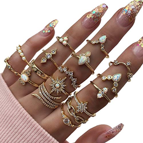 BERYUAN 17Pcs Trendy Gem Stone Teardrop Gold Sun Star Knuckle Ring Set Gift For Her Boho Gold Ring Set For Women And Girls Teens