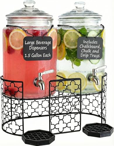 Dual 1.5 Gallon Glass Beverage Dispensers for Parties with Decorative Metal Stand, Stainless Steel Spigot,- Double Drink Dispenser Station for Parties, Weddings, Holidays