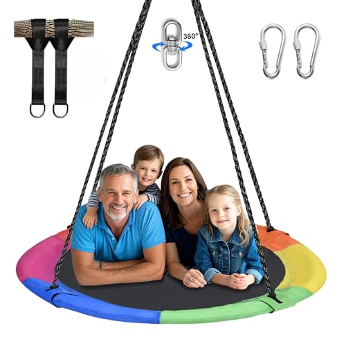 Image of Hishine 43" Saucer Tree Swing for Kids - 360 Rotate Waterproof Flying Saucer With Swivel, Hanging Straps, Adjustable Ropes, Round Mat Spinner for Tree/Swing Set (Rainbow)