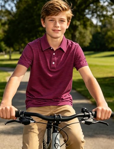 Cuddomper Boy Polo Stripe Shirt Size 7-8 Dark Red Short Sleeve Golf Top - image 5