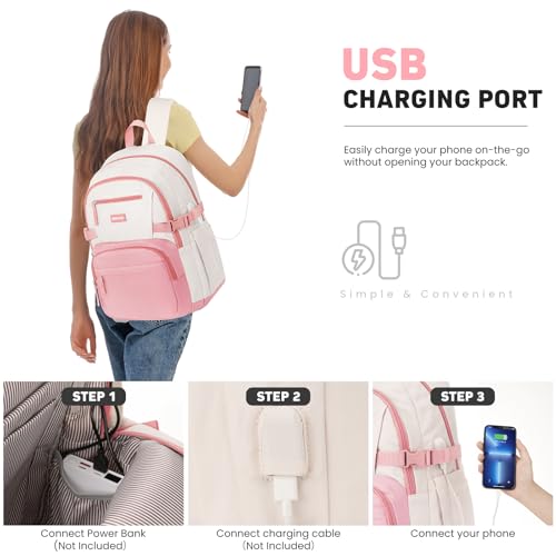 Image of WINDARS Backpack for School Girls, Cute High School Backpacks for Teens Women Student Large Bookbag 15.6 Inch Laptop Bag with USB Charger Port for College Work Travel Trip (Pink Beige)
