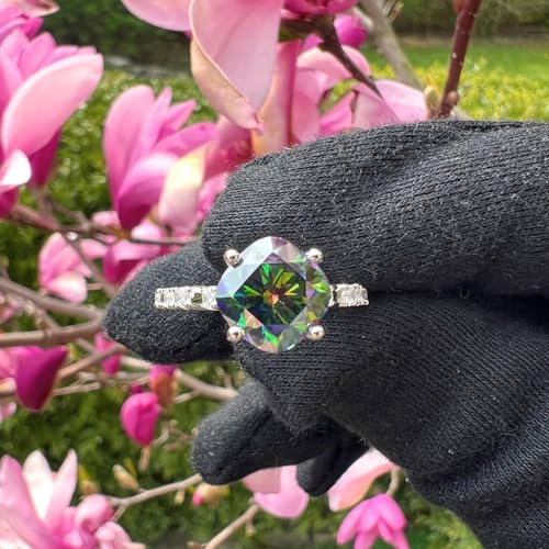 Generic Colorful 3 Ct. Green Rainbow Moissanite Ring, 18K White Gold Over Silver, Cushion Cut With Side Moissanite Accent Stones (8), Greenish purple3