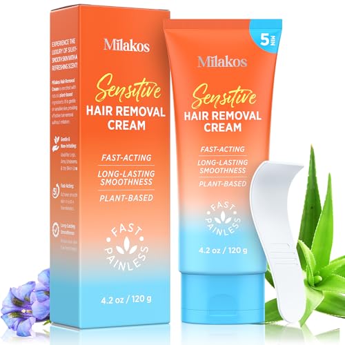 Milakos Hair Removal Cream for Women – 5-Minute Painless Depilatory for Legs, Arms, Underarms & Bikini Area – Sensitive Skin Safe, Smooth Finish with Aloe & Argan Oil
