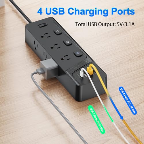 Image of HITRENDS Power Strip with 6 AC Outlets and 4 USB Ports (2 USB-A & 2 USB-C), Dual Control Switches, 6 Ft Flat Plug Extension Cord with Multiple Outlets, Overload Protection, 10A /1250W, Black