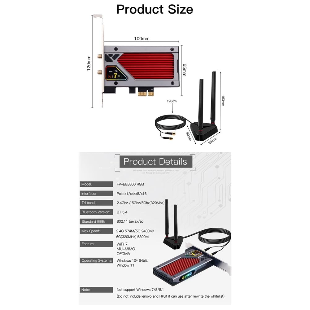 BE8800RGB WiFi7 PCIE Wireless Network Scheda Tri 2,4G/5G/6GHz 8774MBPS BT5.4 per PC Desktop per Win10/per Win11