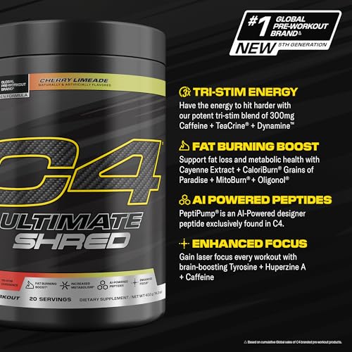 Image of Cellucor C4 Ultimate Shred Pre Workout Powder, Metabolism Supplement with Cayenne Extract+300mg Caffeine+TeaCrine+Dynamine - Cherry Limeade, 20 Servings