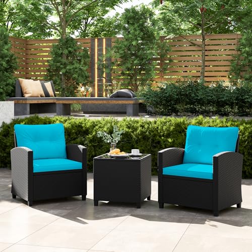 Image of Tangkula 3 Piece Patio Furniture, Rattan Conversation Set w /Soft Seat & Back Cushions, Tempered Glass Topped Coffee Table, Cushioned Wicker Seating Set for Backyard, Porch, Poolside