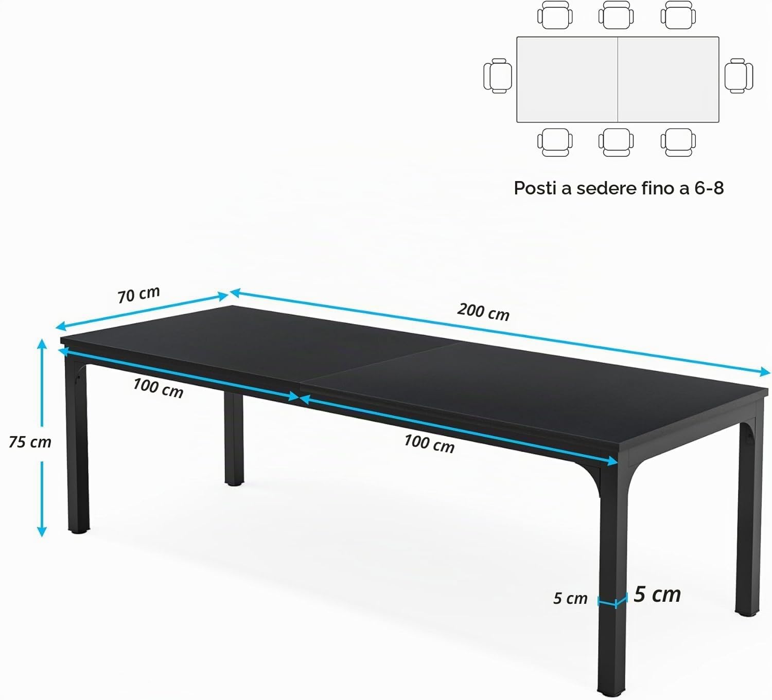 Lailang 200cm Scrivania Computer, Workstation, Scrivania Per Due Persone, Tavolo Legno, Scrivania Pc Gaming, 200 x 70 x 75 cm, Nero
