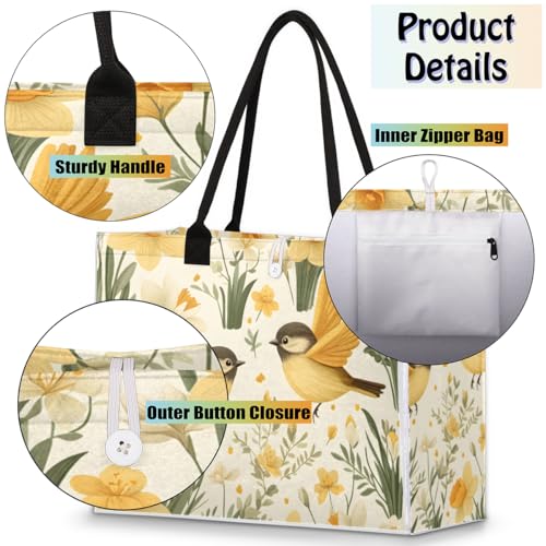 Yellow Bird Floral Tote Bag for Women Large Beach Bag Reusable Tote Bags for Work Travel Beach Shopping4