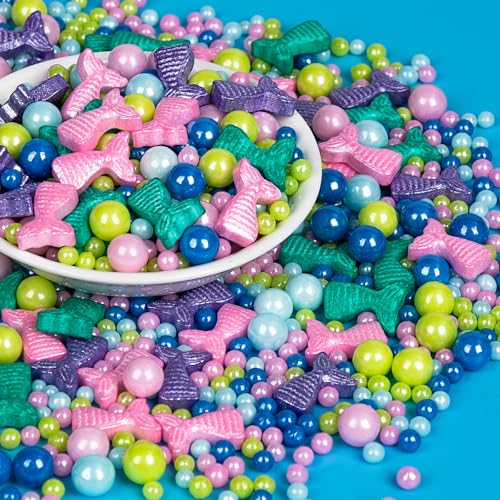 Image of Mermaid Sprinkles, Edible Pearl Sprinkle for Cake Decorating,130g /4.58oz, Blue Green Purple Pearls Mix Baking Candy, Ocean Theme Cake Topper Cupcake Cookie Ice Cream Decorations, Birthday Children's Summer Party Supplies