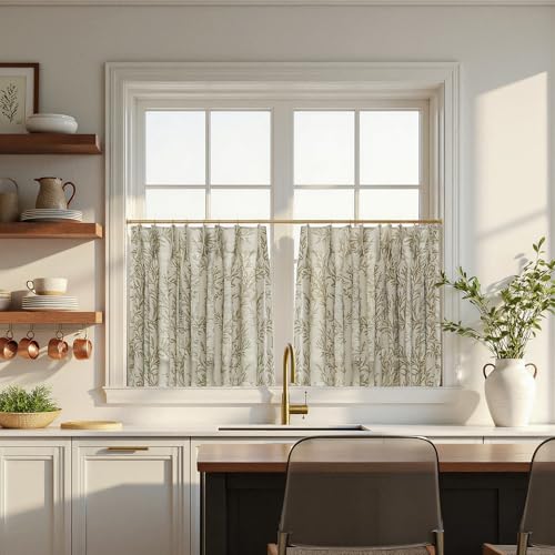 Image of TWOPAGES Pinch Pleat Leaf Print Cafe Curtains, Stone, 26W x 18L