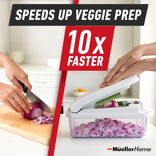 Image of MUELLER HOME Pro-Series 10-in-1 Vegetable Chopper, 8 Blade Onion Mincer | Cutter, Dicer, Fruit Slicer with Container, French Fry Cutter Potato Slicer, Home Essentials, Salad Chopper White Sand /Green