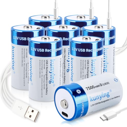 kunying 8 Pack Rechargeable Lithium D Cell Batteries,Long-Lasting 1.5V 7500mWh D Size Battery with 4-in-1 USB Charging Cable,Rechargeable D Batteries for Flashlights