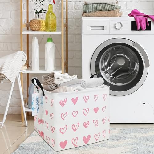 Image of Square Storage Baskets Children Shelves Gift Toy Organizer Room Pink Heart | Laundry Hamper Collapse Canvas with Handles for Organizing Home Kitchen Children Toys Office Closet Shelf
