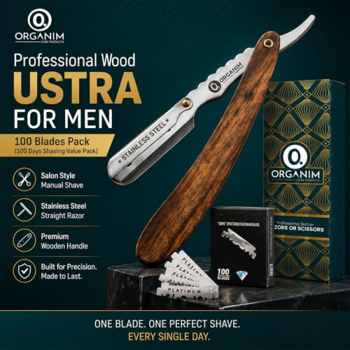 Image of ORGANIM Professional Wood Ustra for Men with 100 Blades Pack (100 Days Shaving Value Pack) - Stainless Steel Straight Razor for Barber Shaving, Salon Style Manual Shave Ustra with Premium Wooden Handle