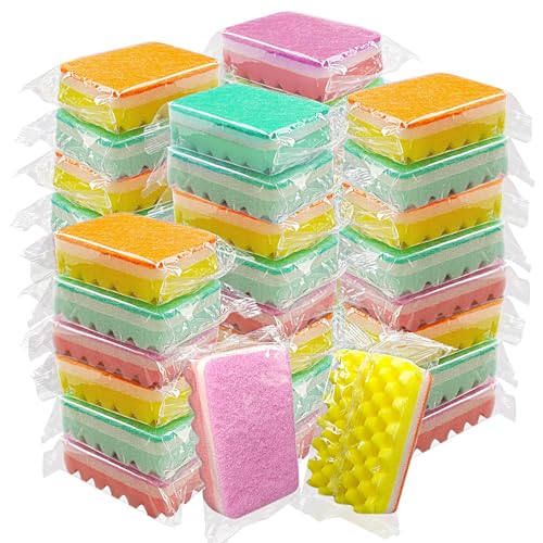 (50 Pack)Kheoxusa Individually Wrapped Sponges,Sponge Individually Wrapped,Individually Wrapped Sponge Bulk Packed Cleaning Dishes Kitchen Scrub Dish Non Scratch Scrubber Bulk Wave-Round(Color Random)