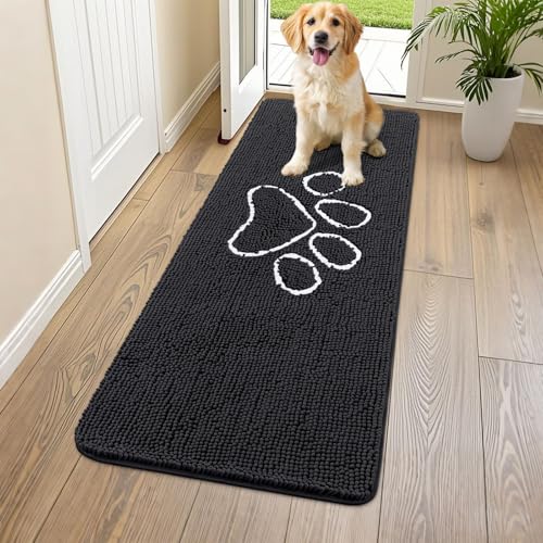 Image of Smiry Dog Door Mat for Muddy Paws, Absorbent Dirt Trapper Non Slip Quick Dry Washable Chenille Mat for Mud Dogs, Entry Rug for Indoor and Outdoor (59x20 Inches, Black and White)