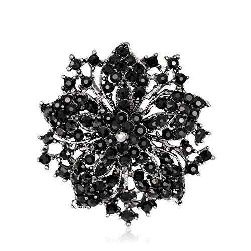 Image of Wedding Bridal Big Crystal Rhinestone Bouquet Brooch Pin for Women (black flower)