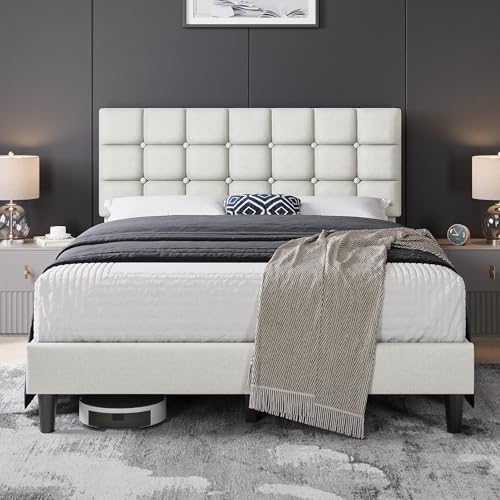 Yaheetech Upholstered Bed Frame, Modern Queen Bed Platform with Square
