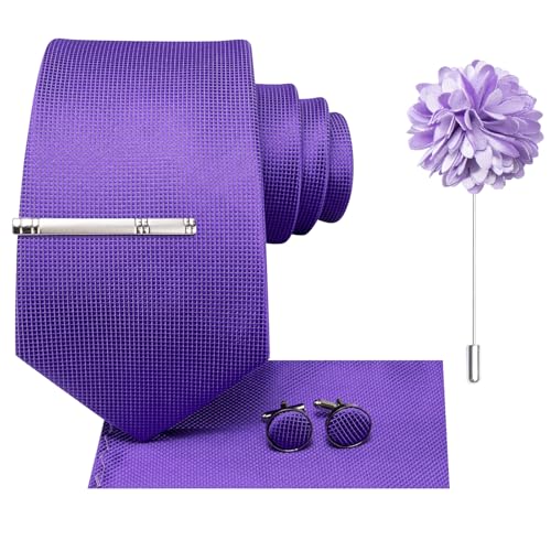 Image of Hi-Tie Solid Lavender Men's Silk Tie Classic Necktie and Pocket Square Lapel Pin Silver Tie Clip Cufflinks Set Wedding Business 6PCS