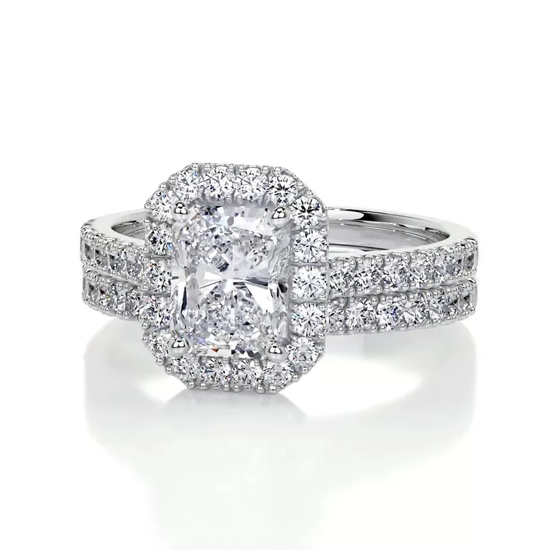 3 Carat (ctw) Radiant Bridal Set Moissanite Engagement Rings for women Platinum Plated Silver Ring Moissanite Rings2