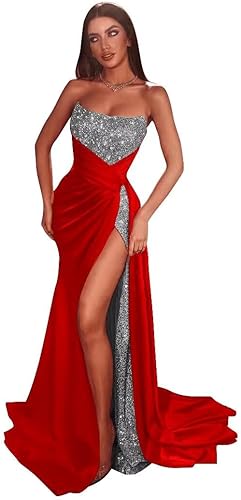 Miniatura 2 de Tsbridal Vestidos de fiesta de lentejuelas con purpurina, vestido de noche formal con abertura de sirena de satén, vestido largo brillante para