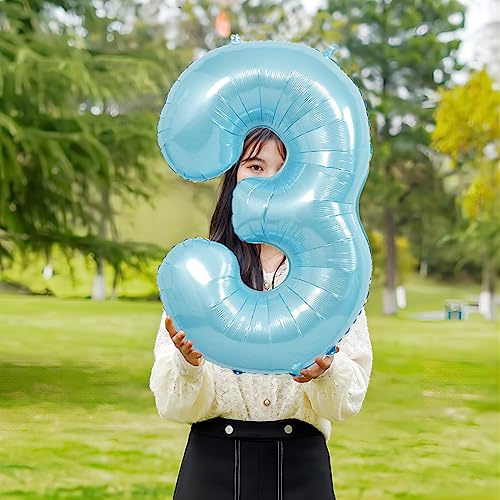 Image of 40 Inch Light Blue Number 3 Balloons - Helium Mylar Foil Number Balloons for Birthdays, Boy Baby Shower & Wedding Decorations